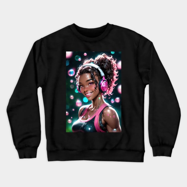 Hot, Sweet Anime Girl of Color with Headphones Crewneck Sweatshirt by FurryBallBunny